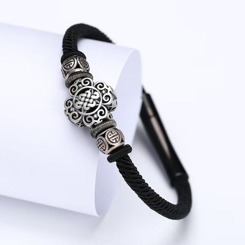 925 Sterling Silver Lucky Black Hand-Woven Knot Stainless Steel Clip Bracelet
