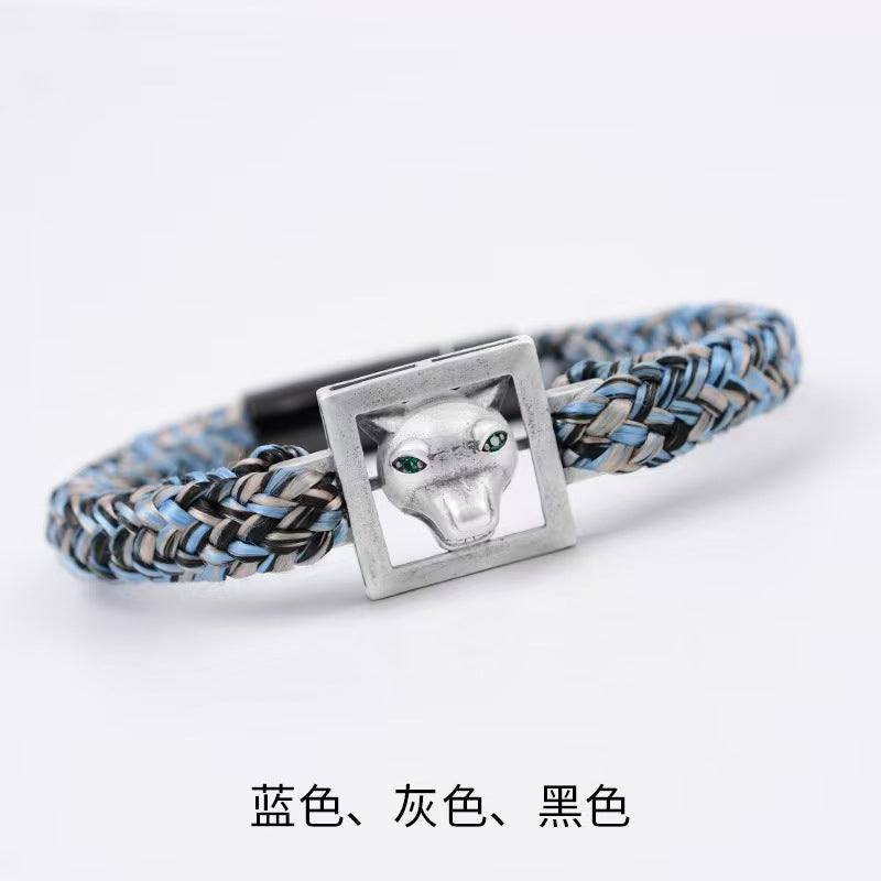 925 Silver Wolf Hand-woven Outdoor Bracelet