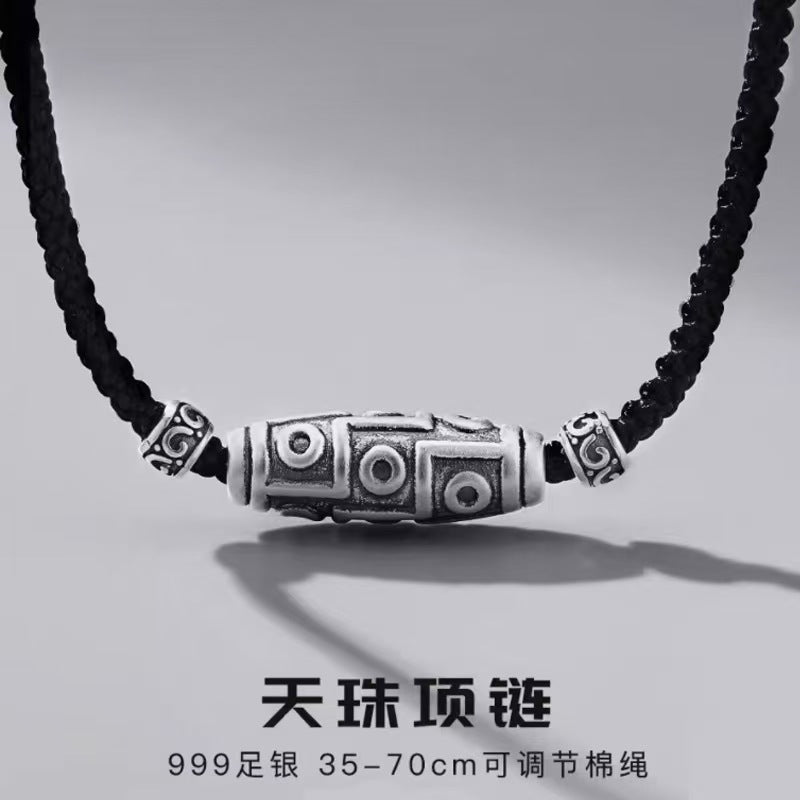 999 Sterling Silver Nine Eyes Dzi Bead Braided Necklace
