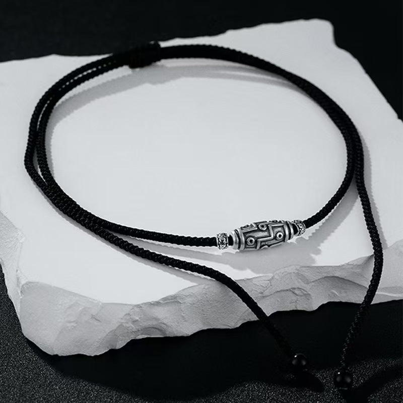 999 Sterling Silver Nine Eyes Dzi Bead Braided Necklace