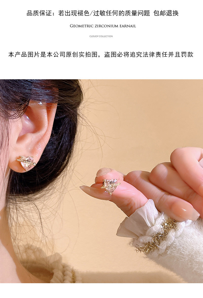 S925 silver needle niche exquisite pink heart-shaped zircon earrings