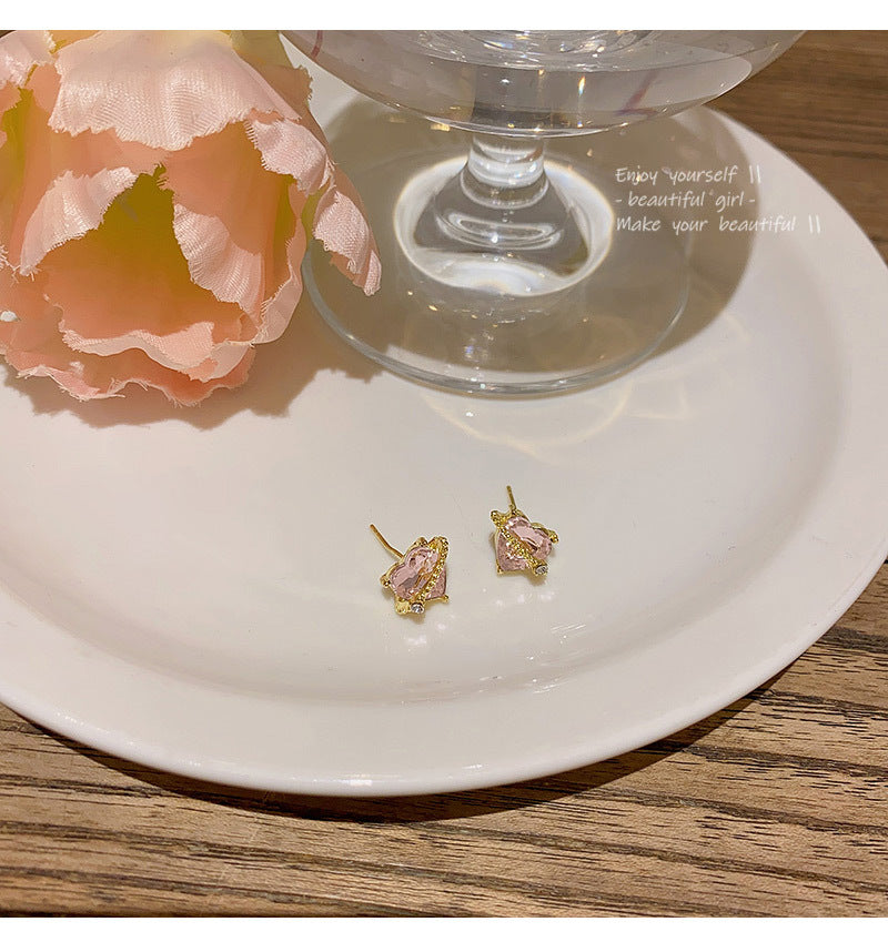 S925 silver needle niche exquisite pink heart-shaped zircon earrings