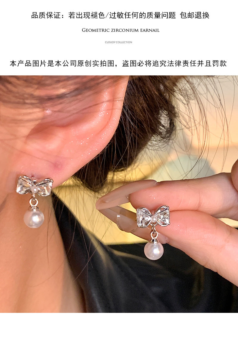 S925 silver needle light luxury simple zircon bow earrings