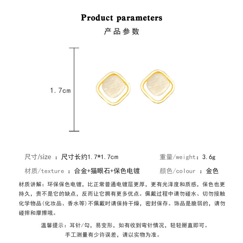 S925 silver needle temperament cat's eye stone versatile geometric earrings