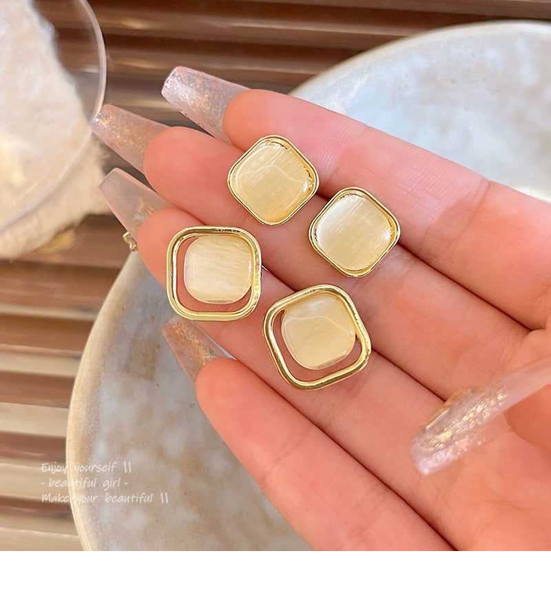 S925 silver needle temperament cat's eye stone versatile geometric earrings