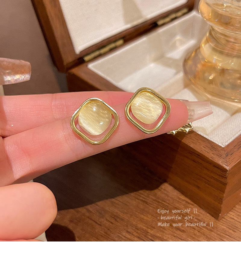 S925 silver needle temperament cat's eye stone versatile geometric earrings