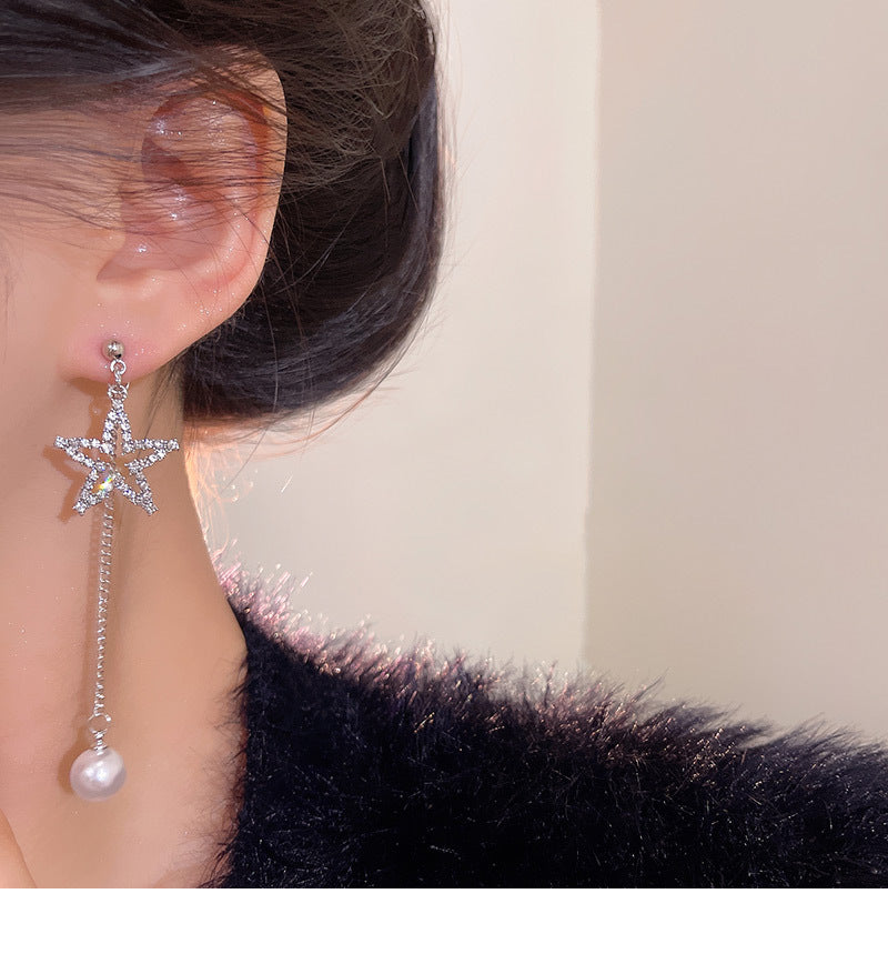Super sparkling exquisite full diamond five-pointed star earrings