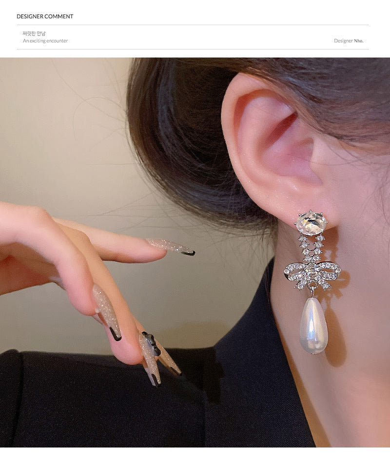 S925 silver needle light luxury niche retro temperament bow female ins diamond pearl earrings