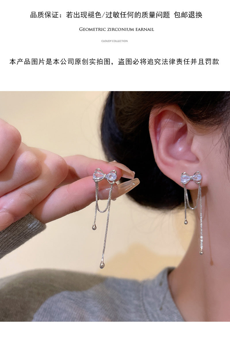 S925 silver needle Korean new exquisite zircon bow earrings