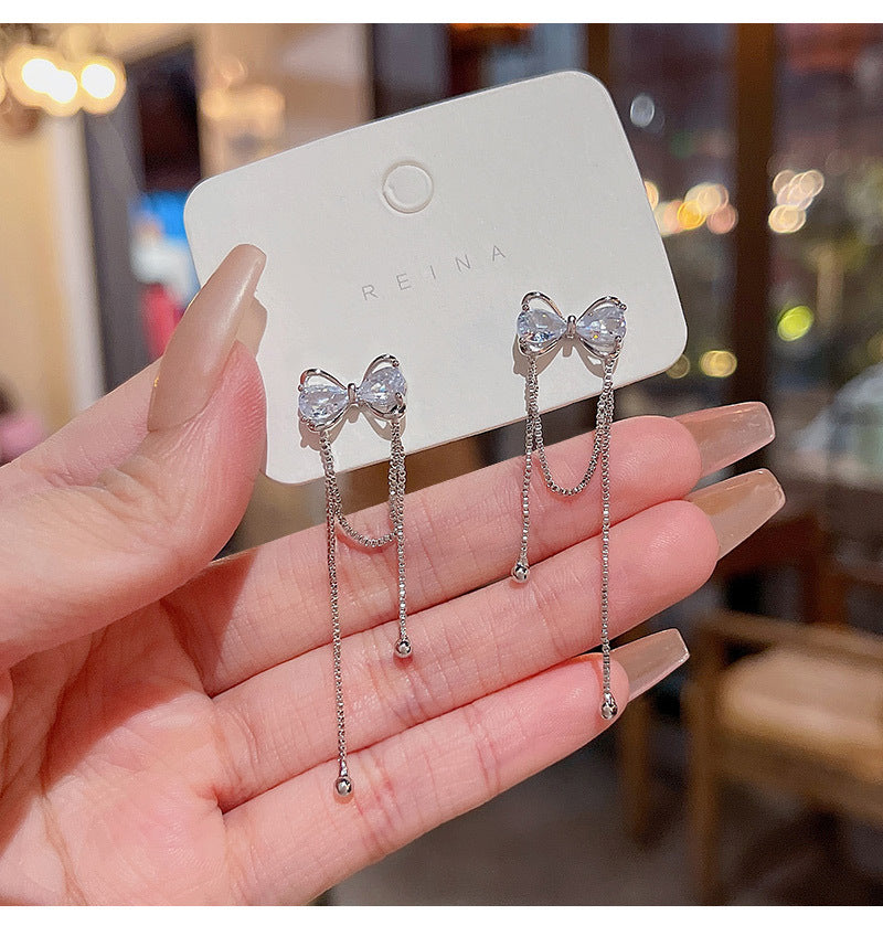 S925 silver needle Korean new exquisite zircon bow earrings