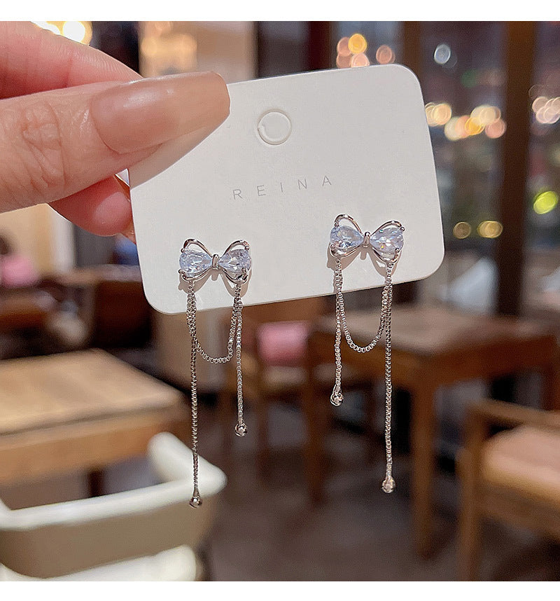 S925 silver needle Korean new exquisite zircon bow earrings