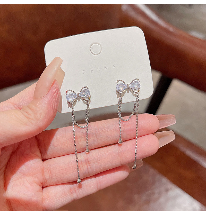 S925 silver needle Korean new exquisite zircon bow earrings