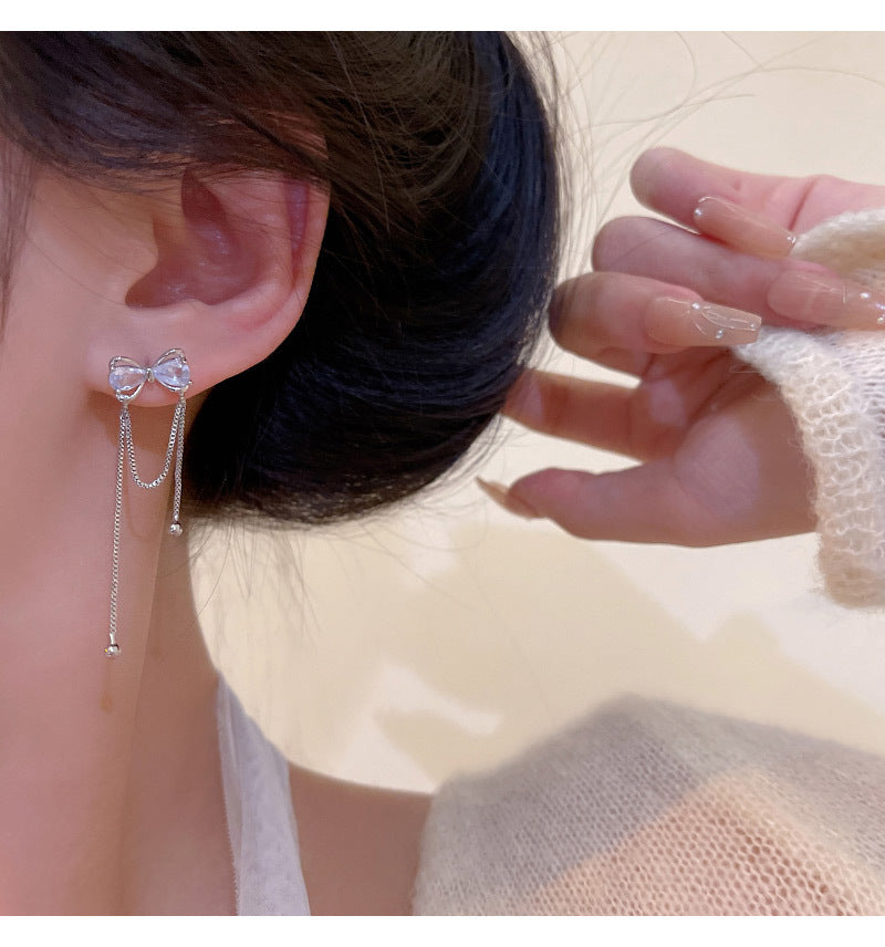 S925 silver needle Korean new exquisite zircon bow earrings