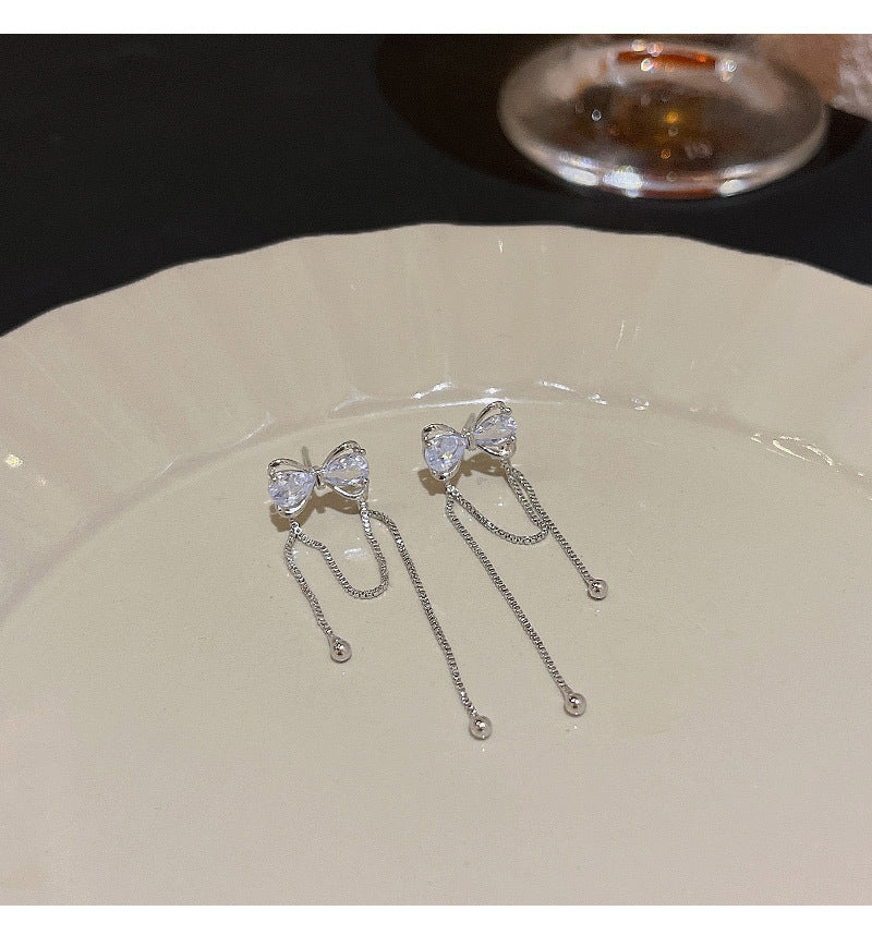 S925 silver needle Korean new exquisite zircon bow earrings
