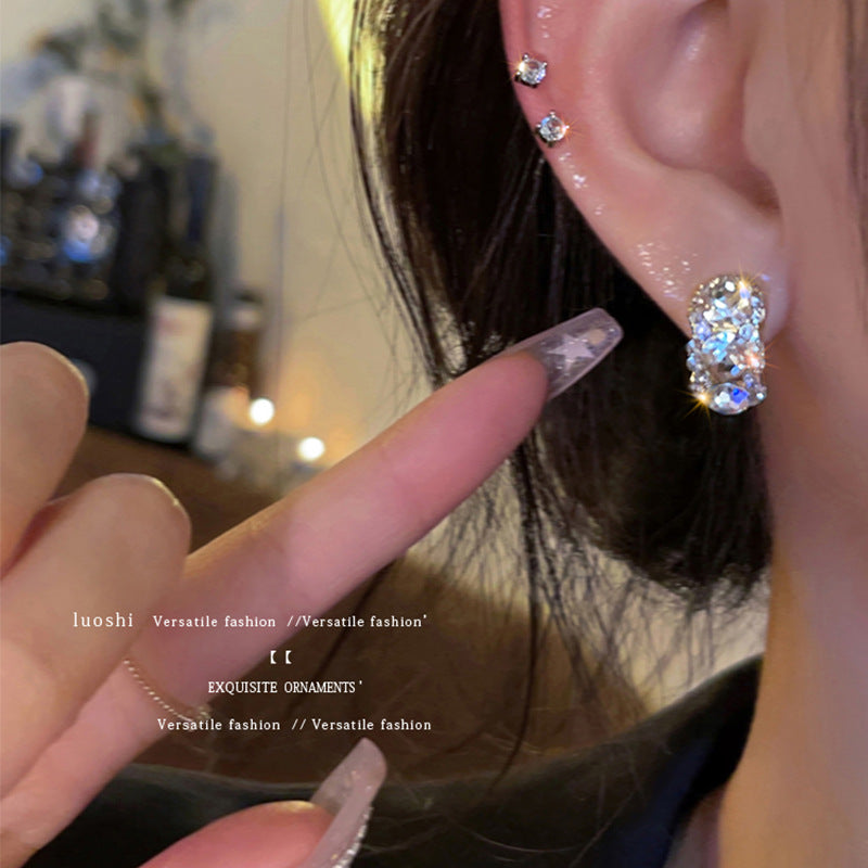 Light luxury niche high-end full diamond C-shaped earrings