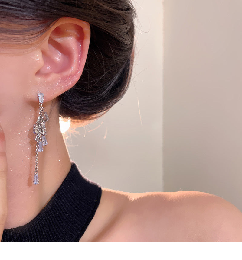 Light luxury niche super shiny zircon long tassel earrings