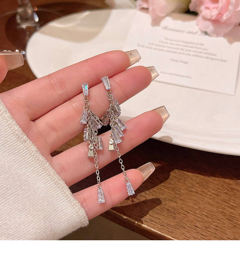 Light luxury niche super shiny zircon long tassel earrings