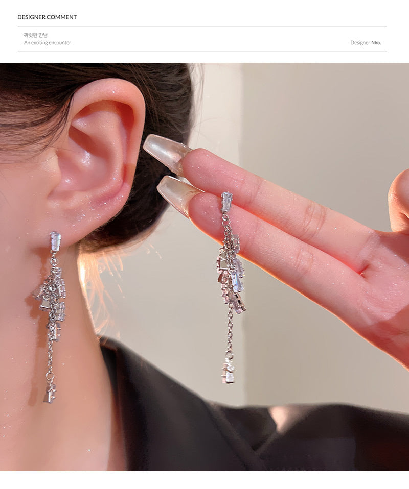 Light luxury niche super shiny zircon long tassel earrings