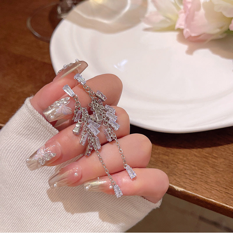 Light luxury niche super shiny zircon long tassel earrings