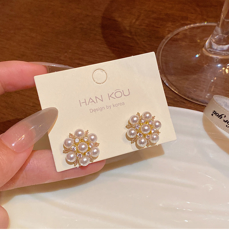 Exquisite zircon pearl flower earrings for women light luxury internet celebrity earrings