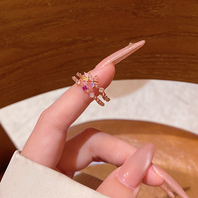 New exquisite zircon flower women's ring opening adjustable versatile love ring