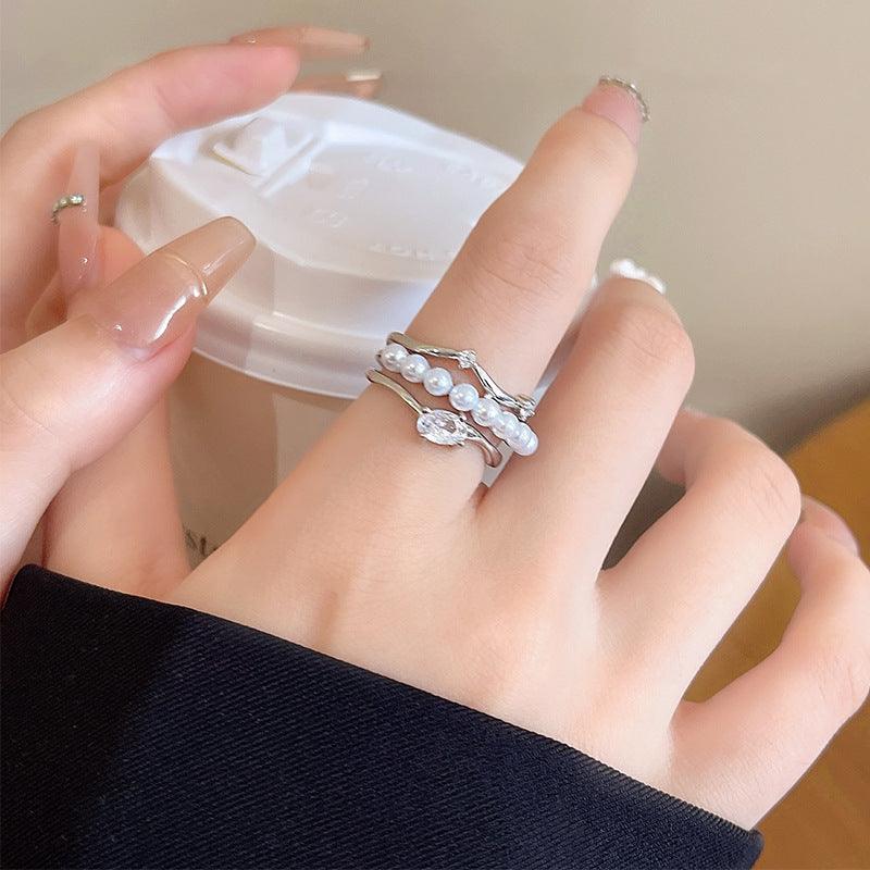 Pearl women's ring niche ins style exquisite zircon ring open ring