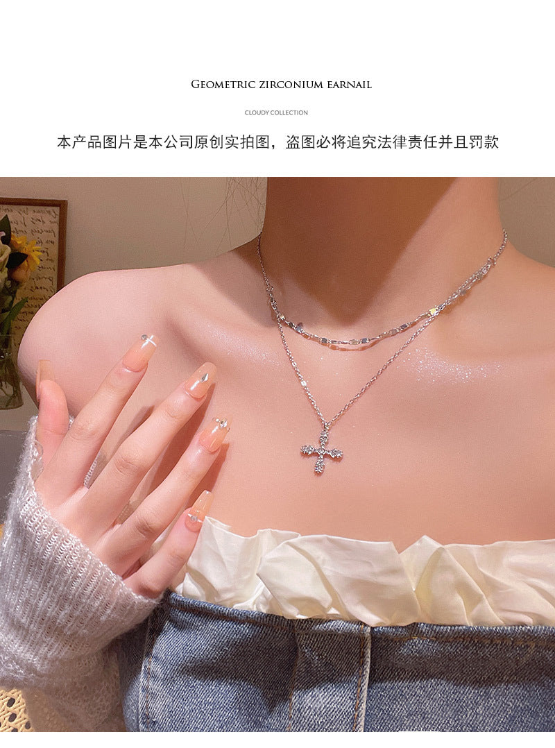 Light luxury niche super flash zircon cross necklace