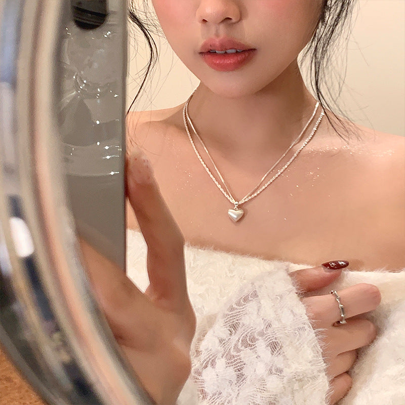 Super flash double-layer brushed heart pendant necklace