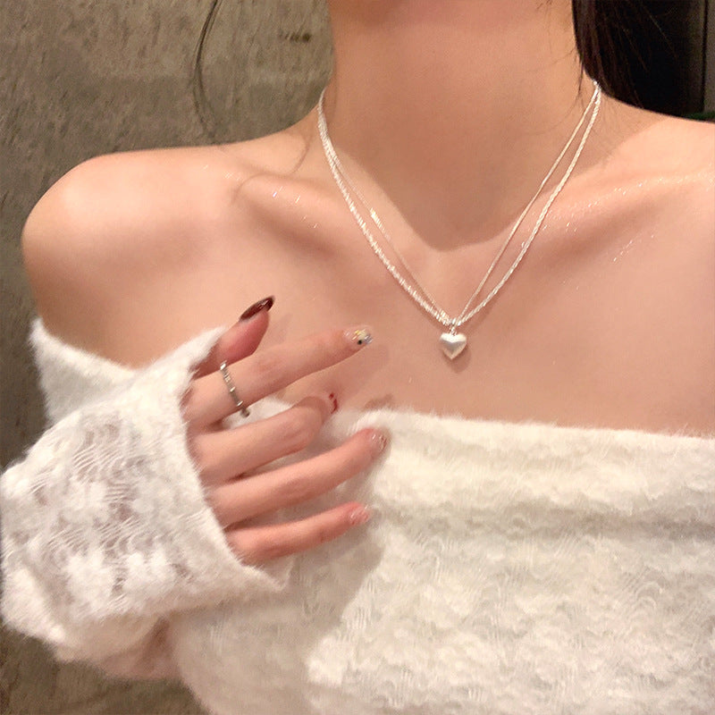 Super flash double-layer brushed heart pendant necklace
