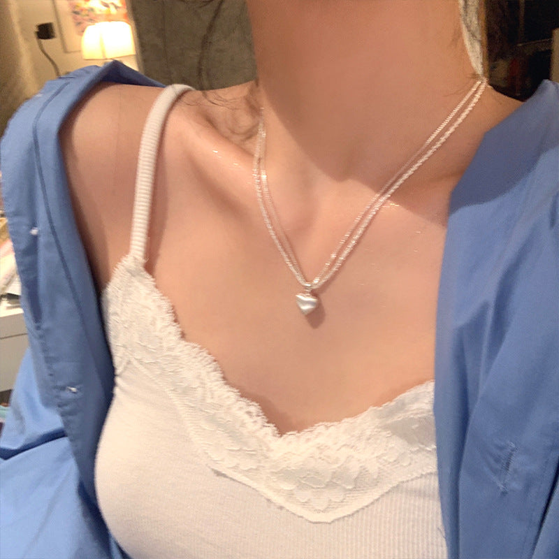 Super flash double-layer brushed heart pendant necklace