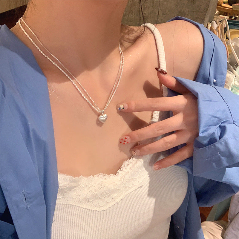 Super flash double-layer brushed heart pendant necklace