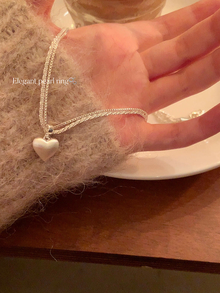 Super flash double-layer brushed heart pendant necklace