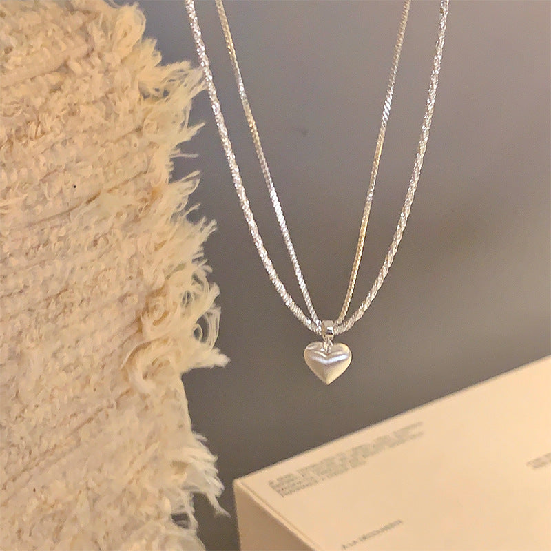 Super flash double-layer brushed heart pendant necklace