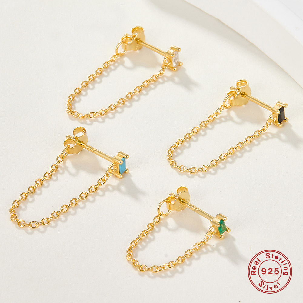 S925 sterling silver tassel earrings square zircon chain earrings