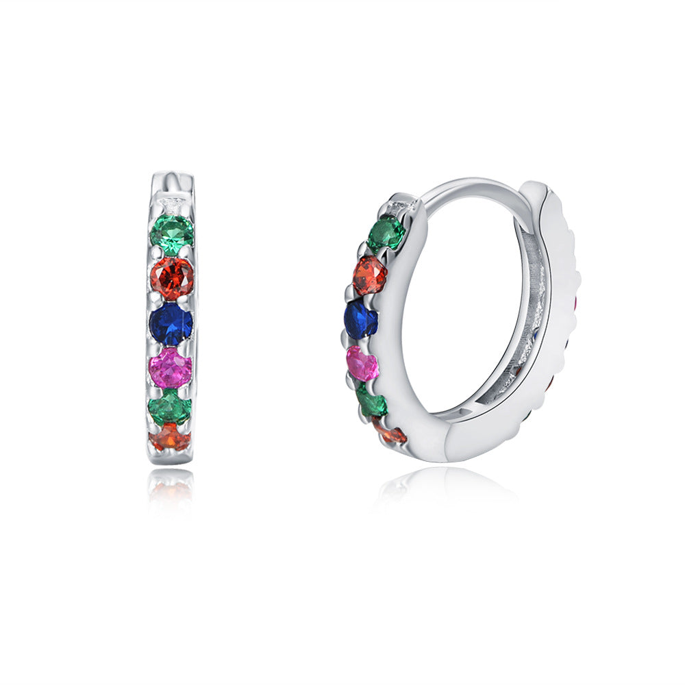 925 Sterling Silver Rainbow Zirconia Huggie Hoop Earrings
