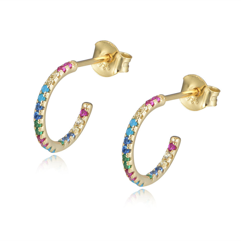 S925 Silver Rainbow C-Shape Earrings, Micro-Pave Zirconia Half Hoops for Women