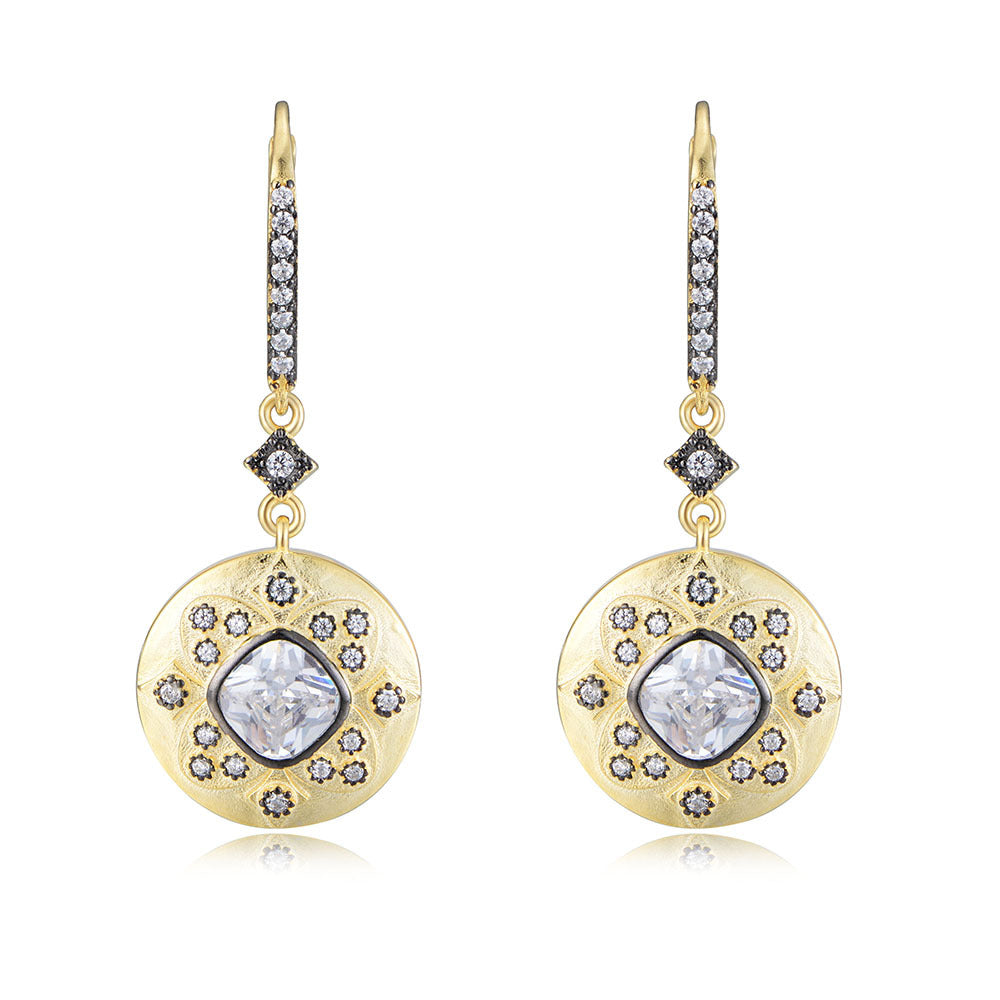 925 Sterling Silver Matte 14K Gold Earrings, Vintage Pave Zirconia