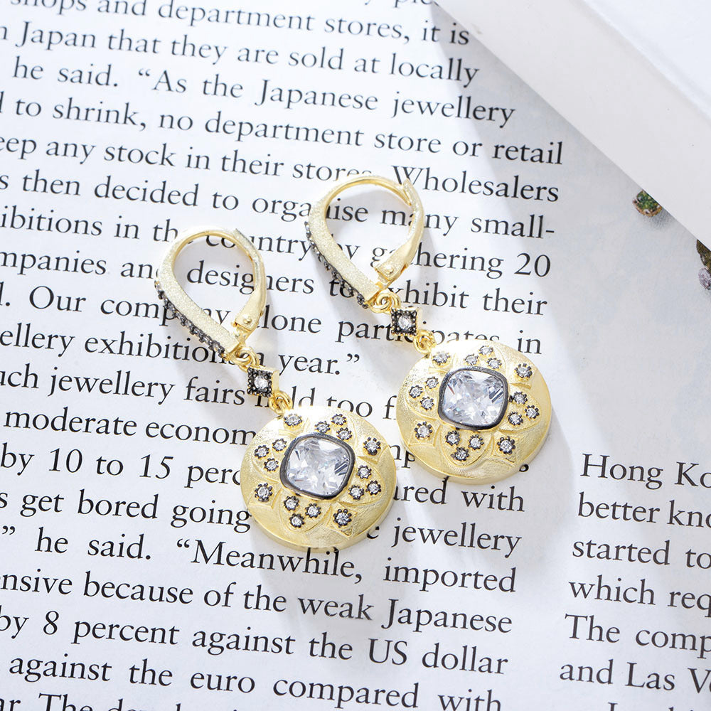 925 Sterling Silver Matte 14K Gold Earrings, Vintage Pave Zirconia