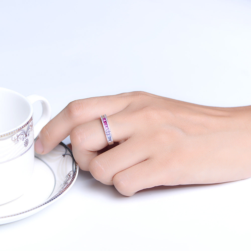 925 Sterling Silver Rainbow Zirconia Ring, Square Cut Crystal Band