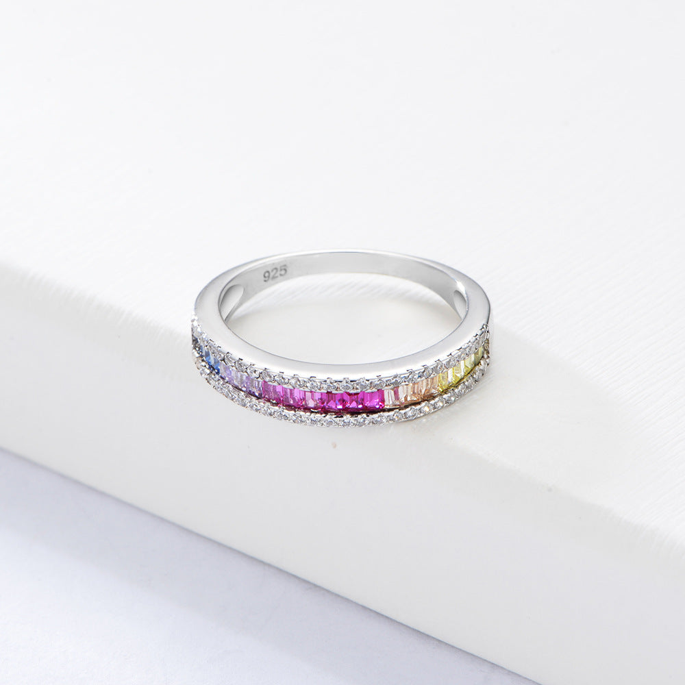 925 Sterling Silver Rainbow Zirconia Ring, Square Cut Crystal Band