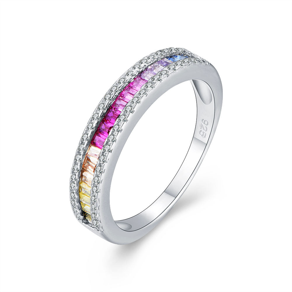 925 Sterling Silver Rainbow Zirconia Ring, Square Cut Crystal Band