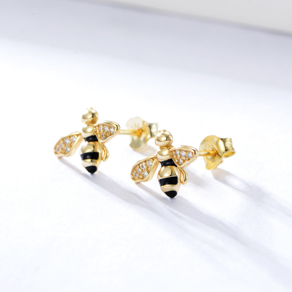 S925 Sterling Silver Honey Bee Stud Earrings, Hand-Painted Enamel Bumble Bee Earrings with Zircon, Whimsical Animal Jewelry for Women & Girls