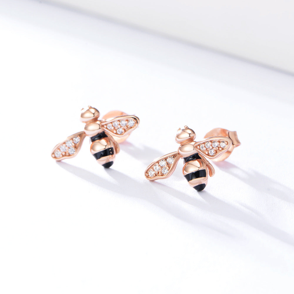 S925 Sterling Silver Honey Bee Stud Earrings, Hand-Painted Enamel Bumble Bee Earrings with Zircon, Whimsical Animal Jewelry for Women & Girls