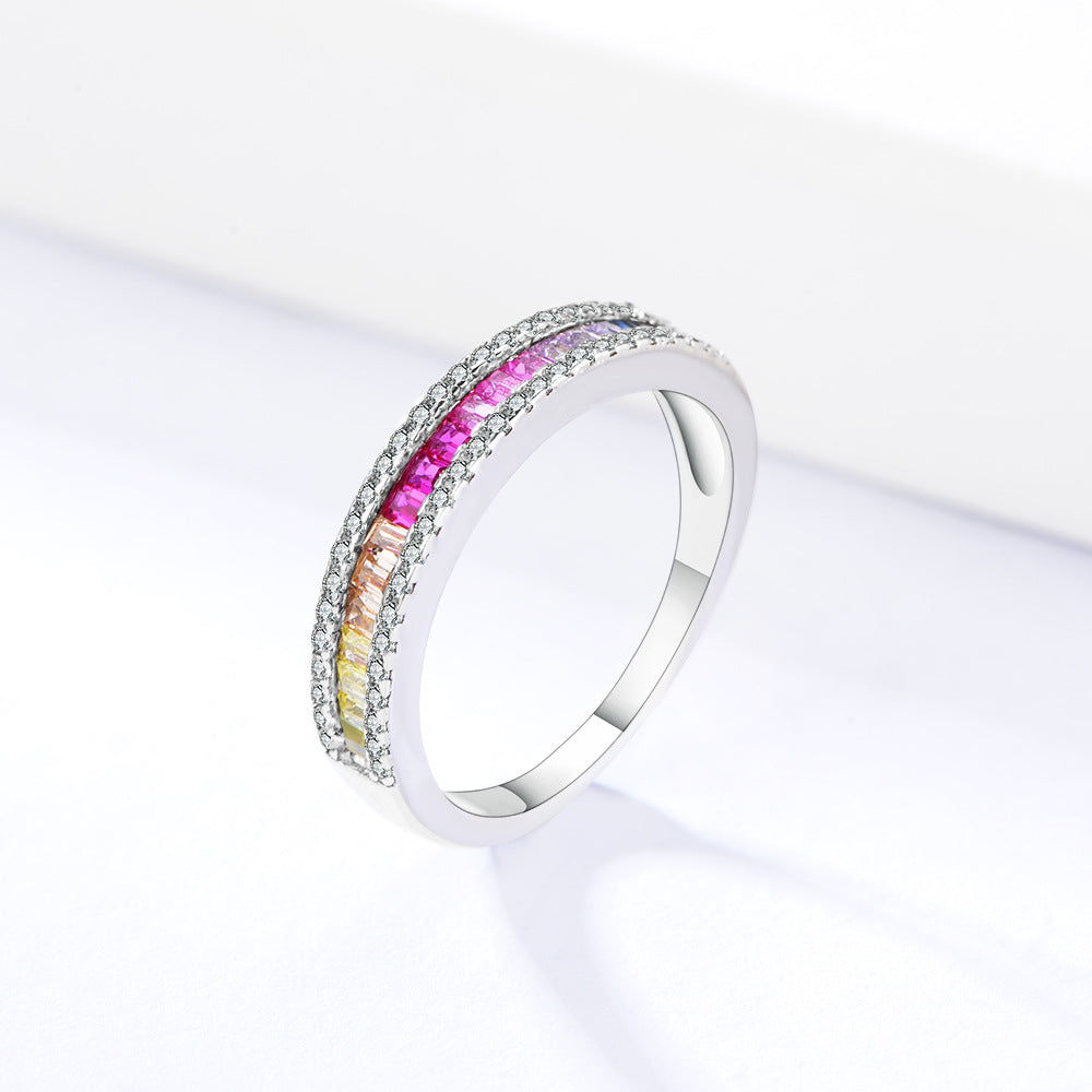 925 Sterling Silver Rainbow Zirconia Ring, Square Cut Crystal Band