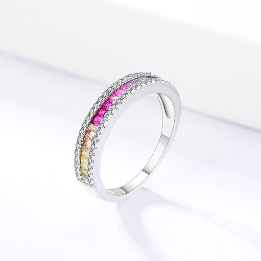 925 Sterling Silver Rainbow Zirconia Ring, Square Cut Crystal Band