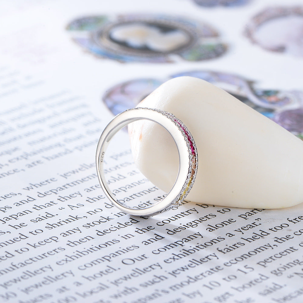 925 Sterling Silver Rainbow Zirconia Ring, Square Cut Crystal Band