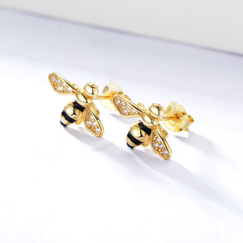 S925 Sterling Silver Honey Bee Stud Earrings, Hand-Painted Enamel Bumble Bee Earrings with Zircon, Whimsical Animal Jewelry for Women & Girls