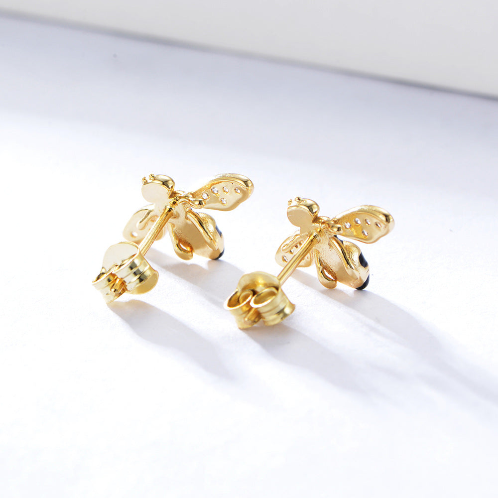 S925 Sterling Silver Honey Bee Stud Earrings, Hand-Painted Enamel Bumble Bee Earrings with Zircon, Whimsical Animal Jewelry for Women & Girls