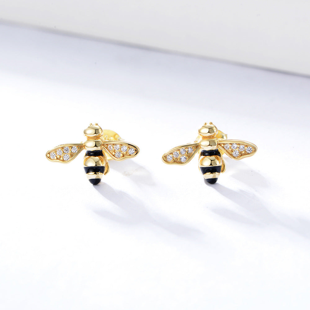 S925 Sterling Silver Honey Bee Stud Earrings, Hand-Painted Enamel Bumble Bee Earrings with Zircon, Whimsical Animal Jewelry for Women & Girls
