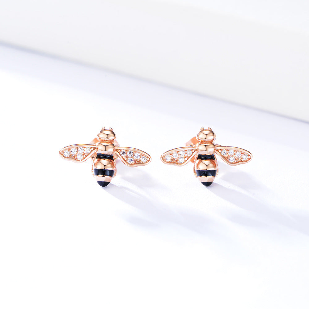 S925 Sterling Silver Honey Bee Stud Earrings, Hand-Painted Enamel Bumble Bee Earrings with Zircon, Whimsical Animal Jewelry for Women & Girls
